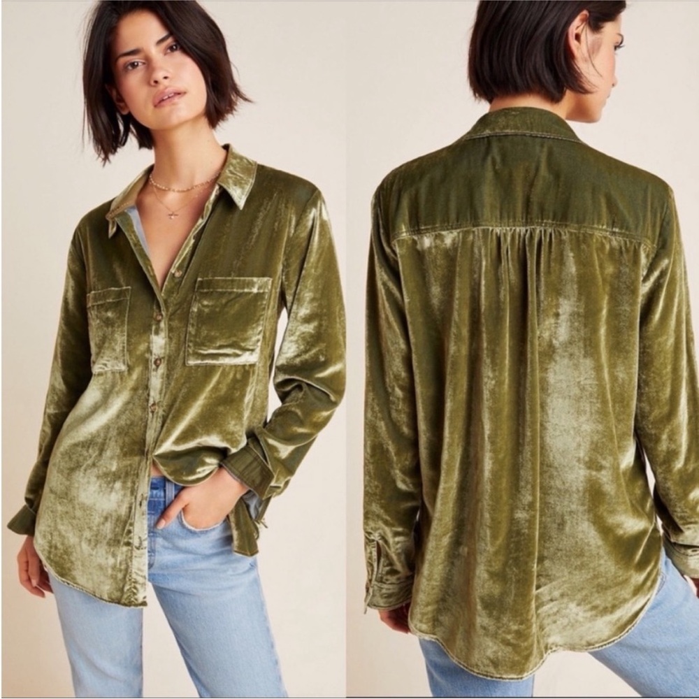 Anthropologie Olive Velvet Button-Up Top